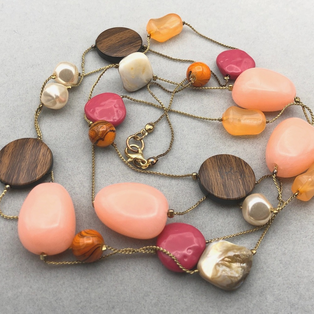 Long Beaded Station Necklace 48 in Multicolor Pearl Wood Glass Acrylic Gold Tone